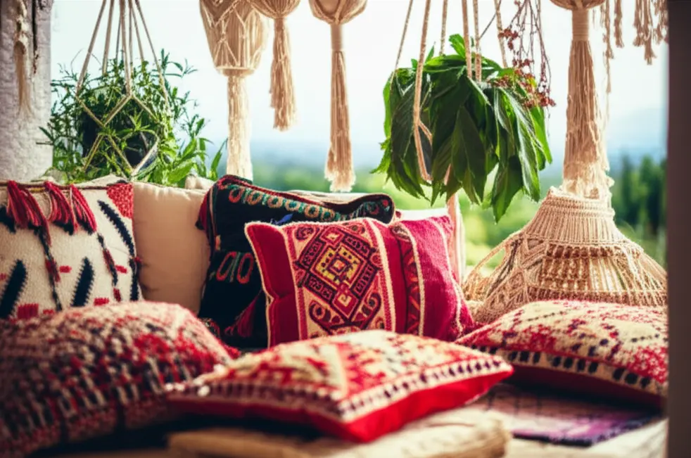 A vibrant boho patio showcasing eclectic styles and natural materials for a relaxed atmosphere.