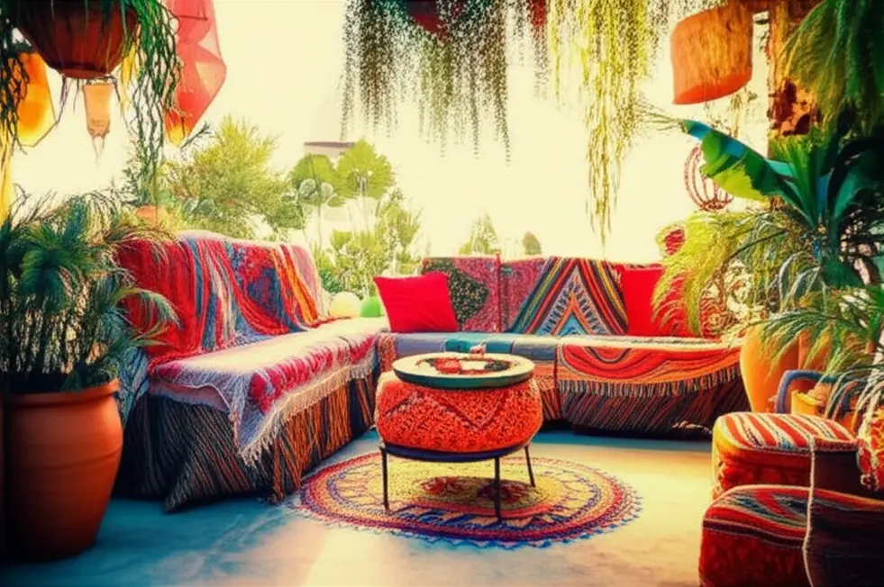 A vibrant boho patio showcasing eclectic styles and natural materials for a relaxed atmosphere.