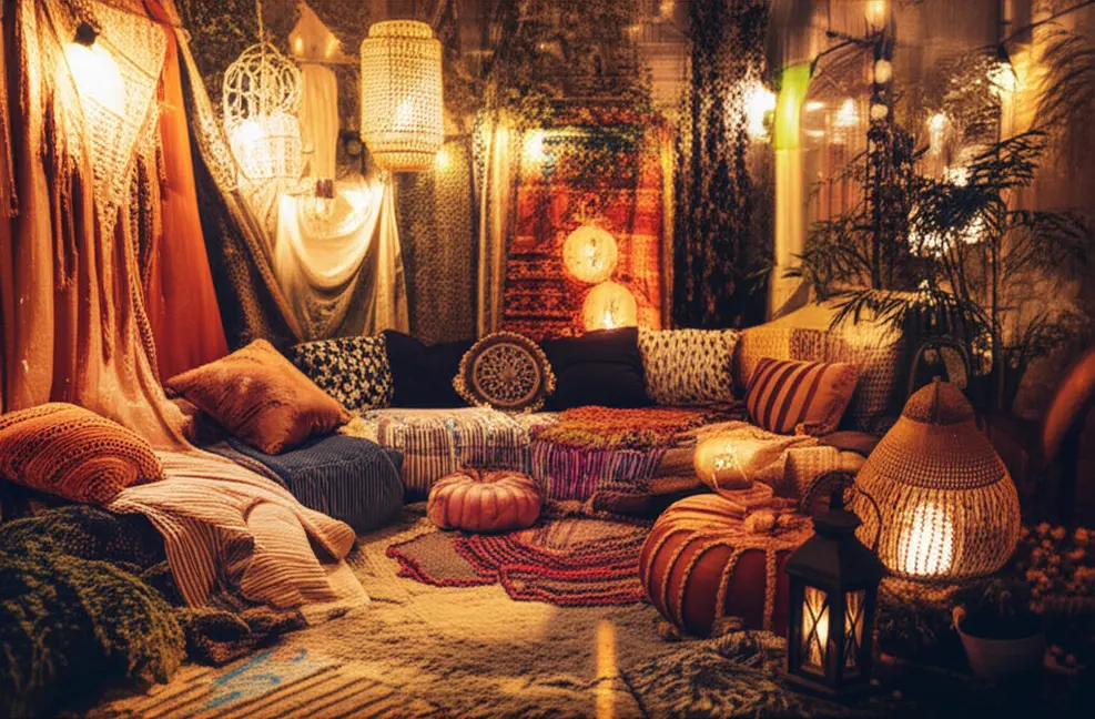 A vibrant boho patio showcasing eclectic styles and natural materials for a relaxed atmosphere.