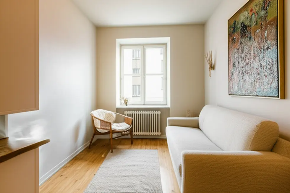 Light colors and a feature wall create a spacious and inviting ambiance in small living spaces.