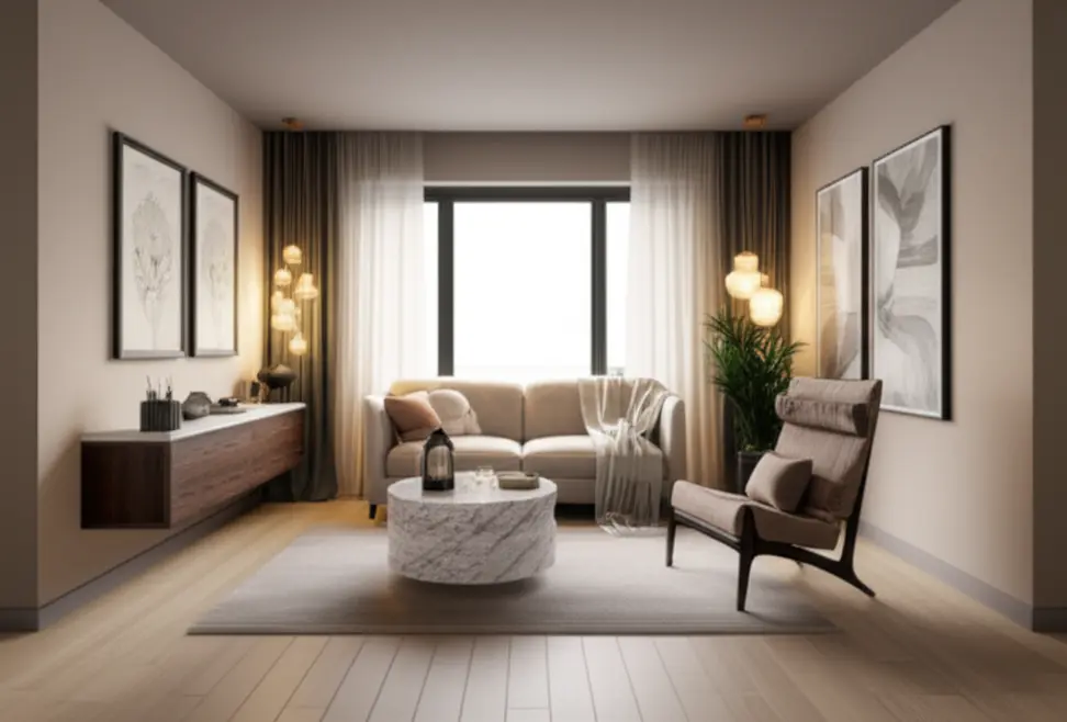 Light colors and a feature wall create a spacious and inviting ambiance in small living spaces.