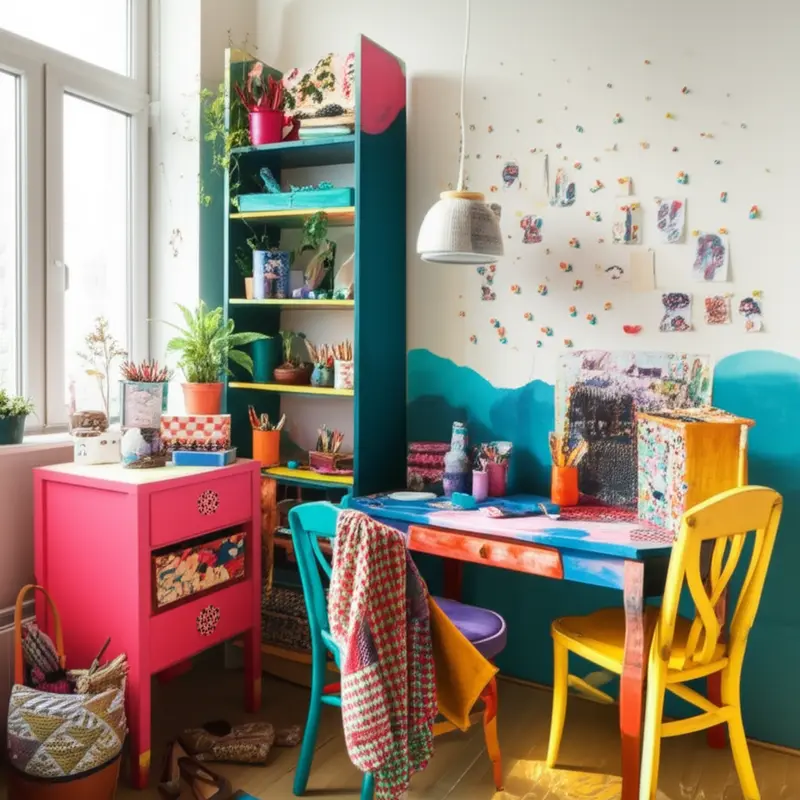 A vibrant living space showcasing pop culture influences through art and collectibles.