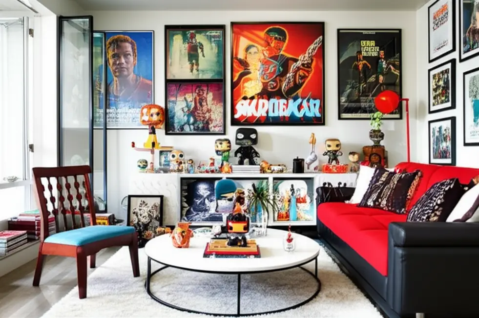 A vibrant living space showcasing pop culture influences through art and collectibles.