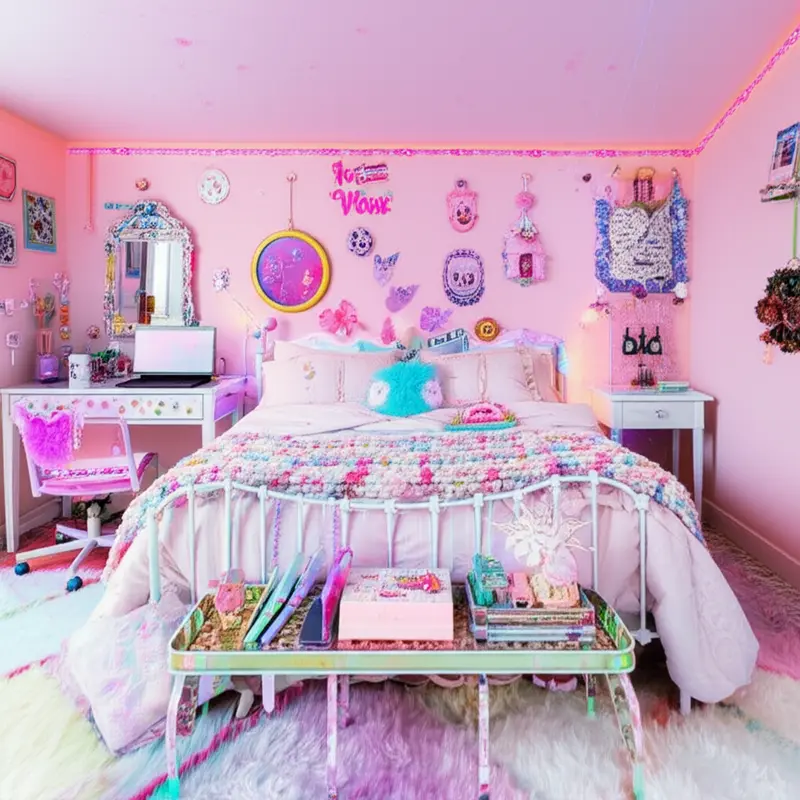 A vibrant living space showcasing pop culture influences through art and collectibles.